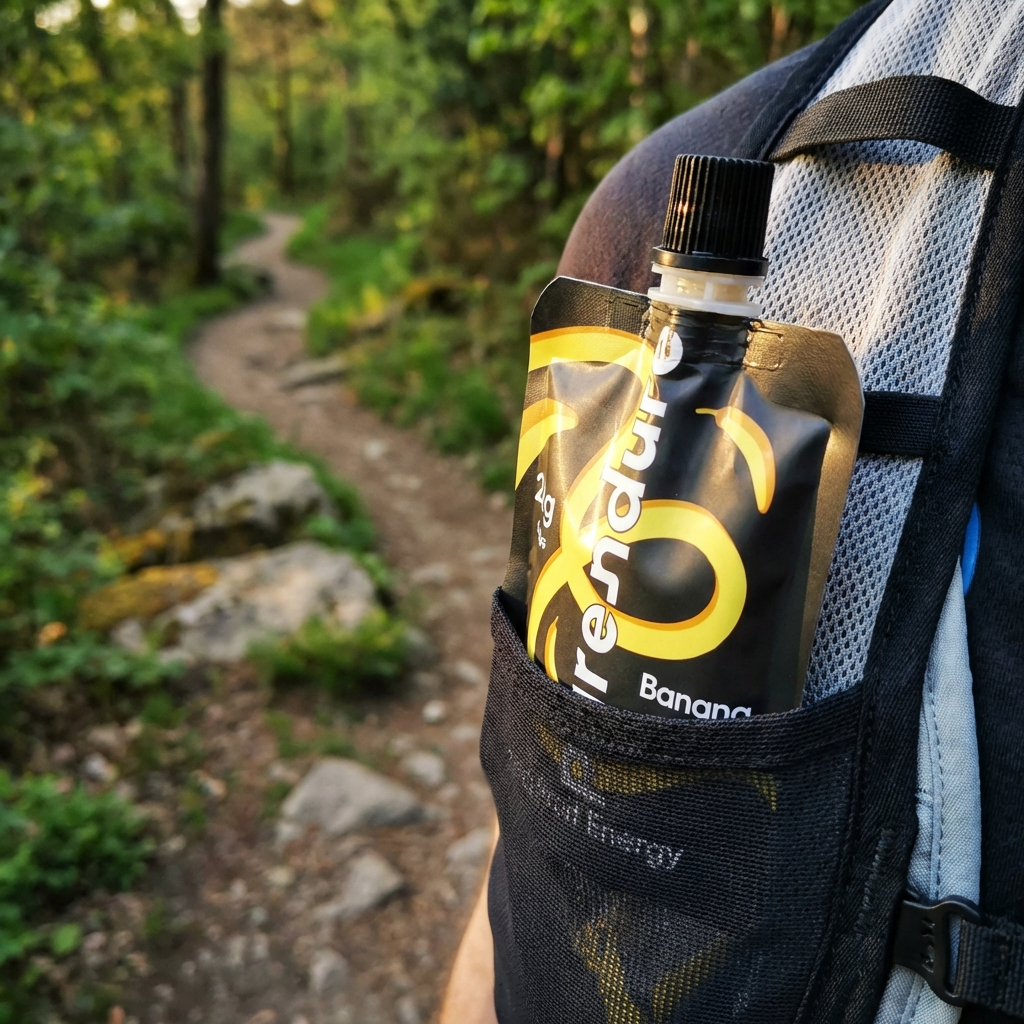 Person with a Purendure energy pouch in a run vest with a forest path in the background