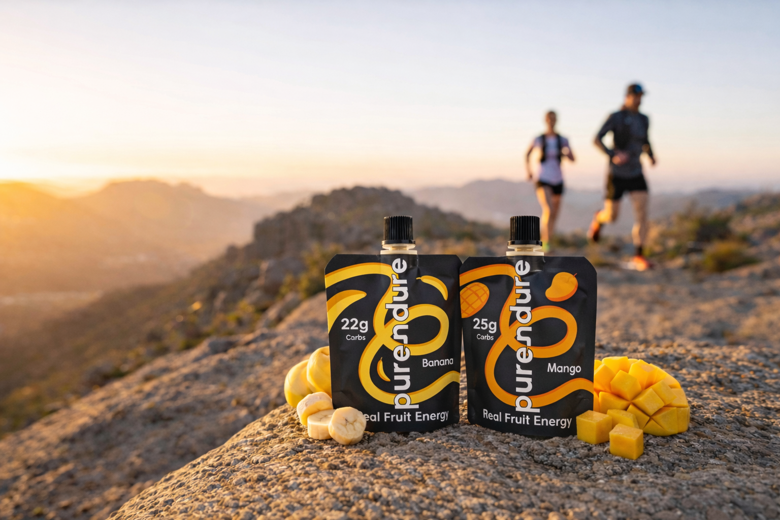Endurance fruit energy bars with mango flavor on a mountain with runners in the background
