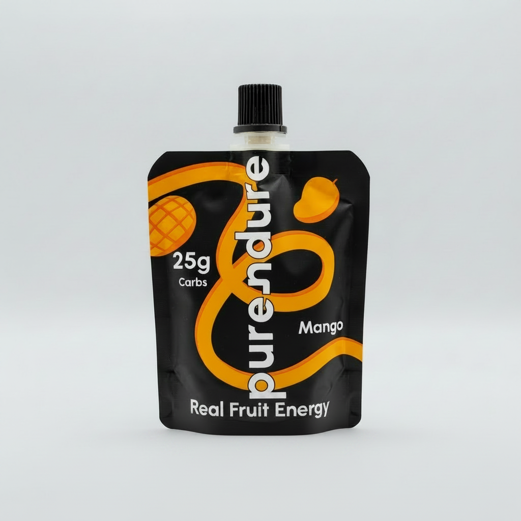 Purendure mango fruit energy pouch on a white background