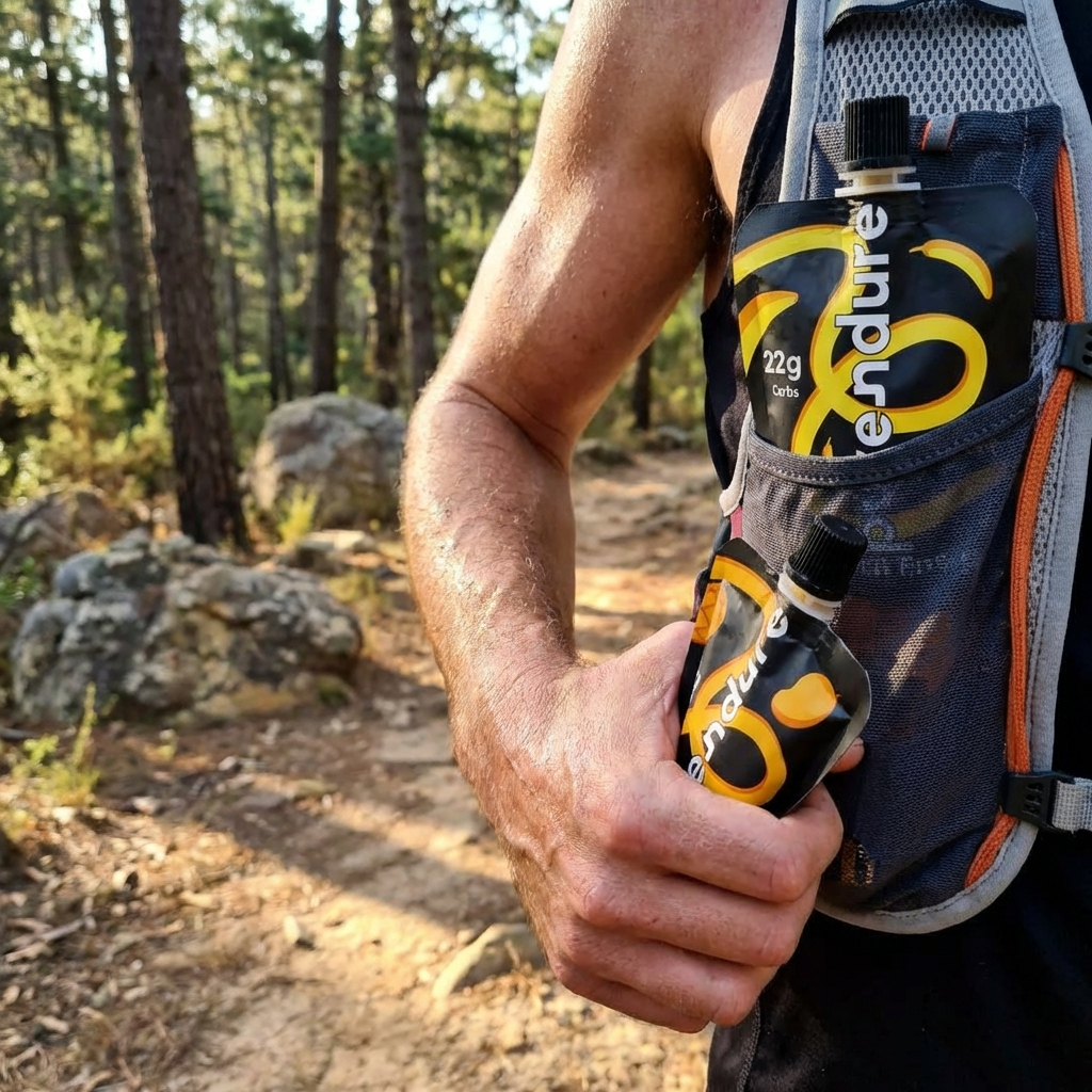 A runner holding a mango energy pouch wearing a run vest with a banana energy pouch in the pocket
