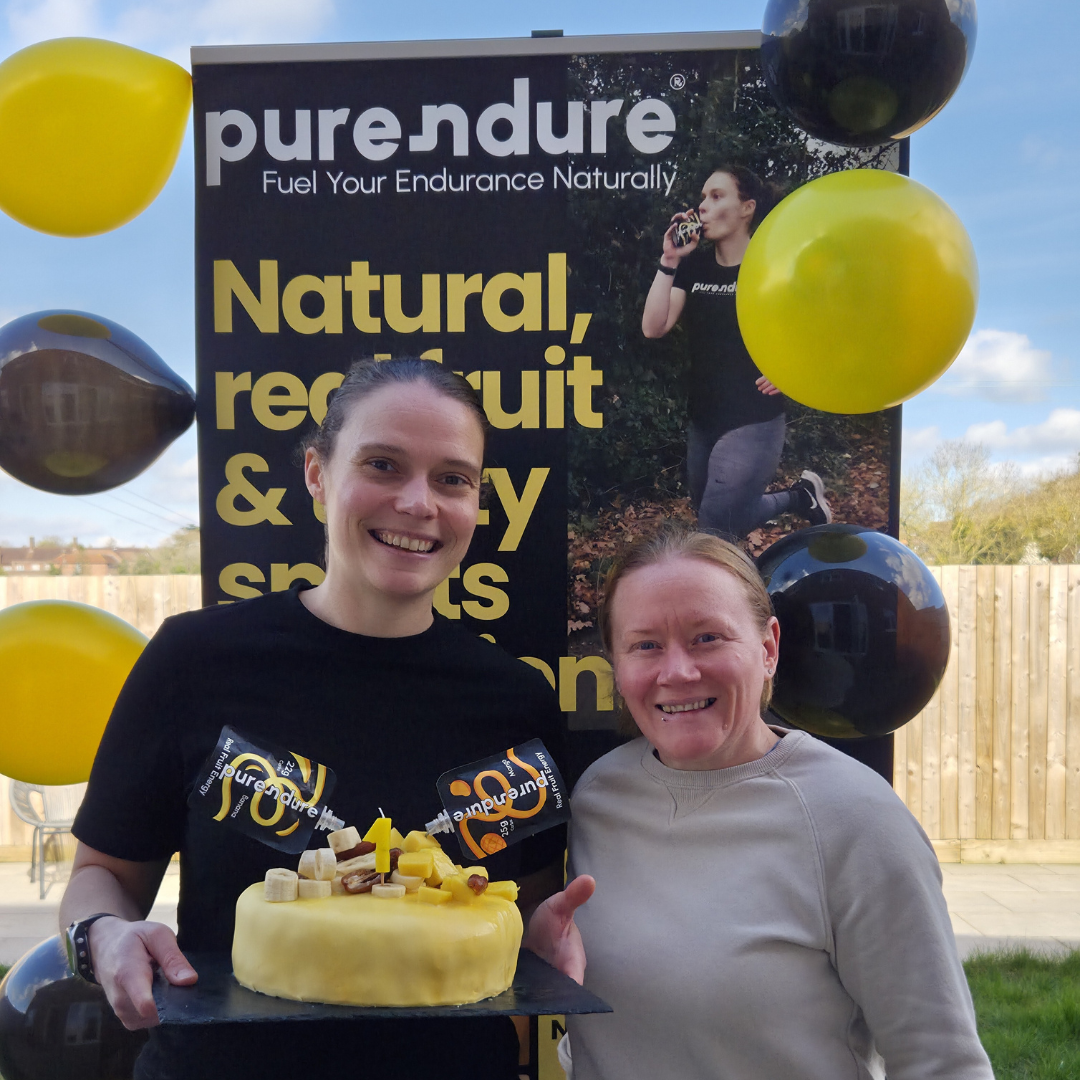 Founders Hayley and Laura with fruit filled energy pouches.