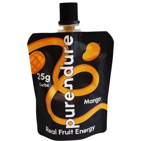 Purendure Mango Energy Gel pouch with 25g carbs. Made from real fruit, vegan-friendly, and free from allergens for natural endurance fueling.