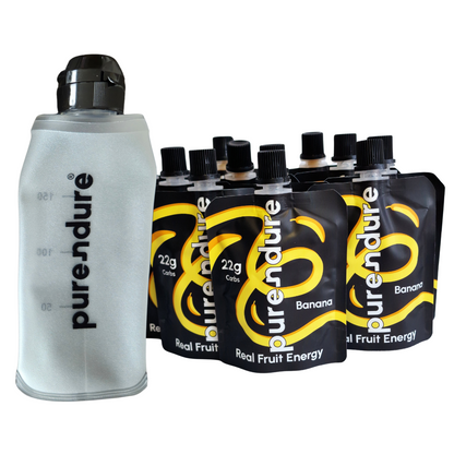 Purendure energy drink pouches and a water bottle on a white background