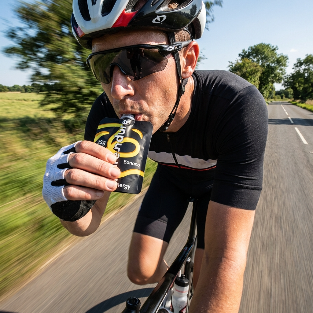 Cyclist on a road bike having a Purendure energy gel with a blurred background