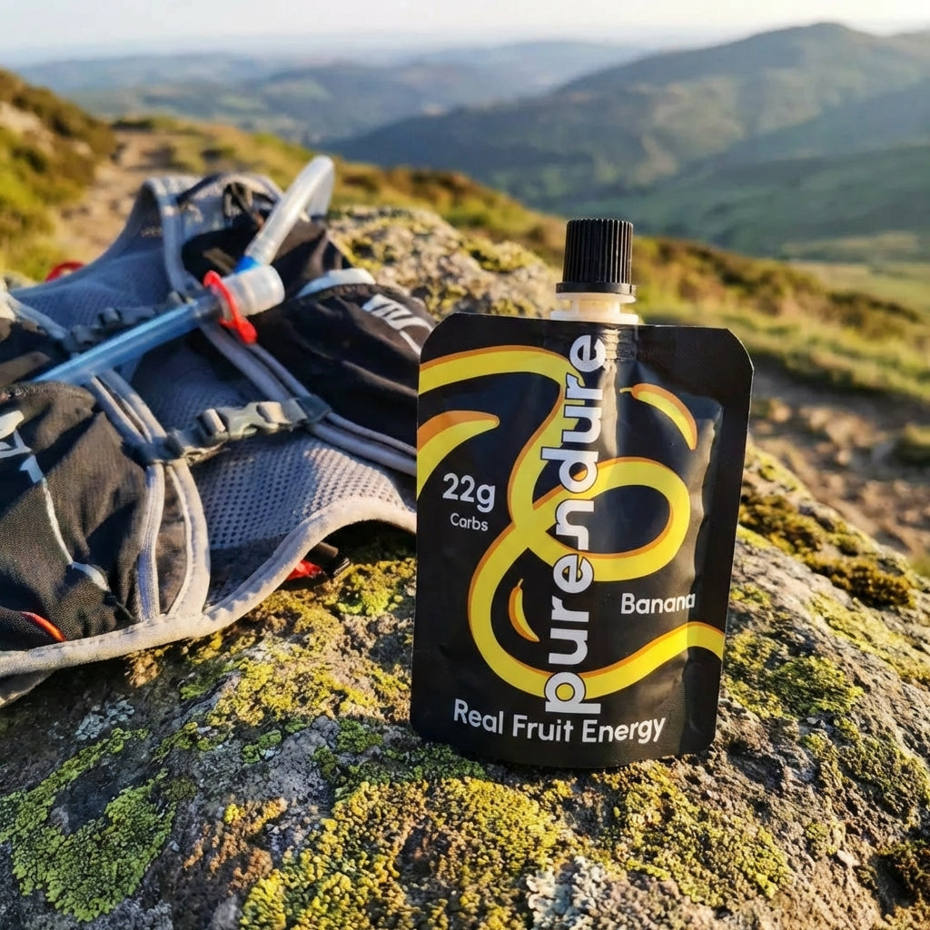 Purendure energy pouch on a mountain with a hydration vest in the background