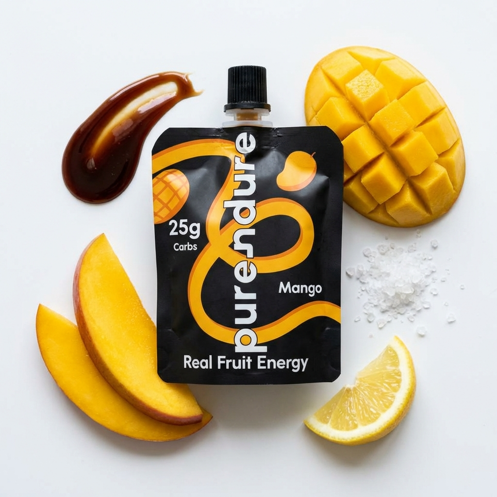 Purendure mango pouch with mango slices and lemon and date syrup on a white background