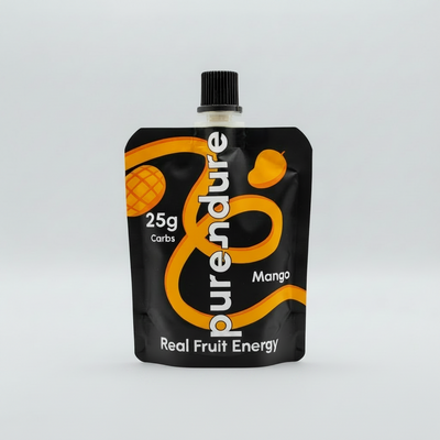 Purendure mango fruit energy pouch on a white background