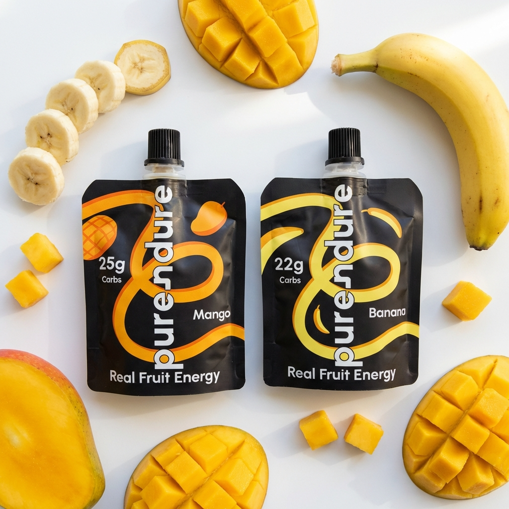 Two purendure fruit energy pouches with mango and banana on a white background