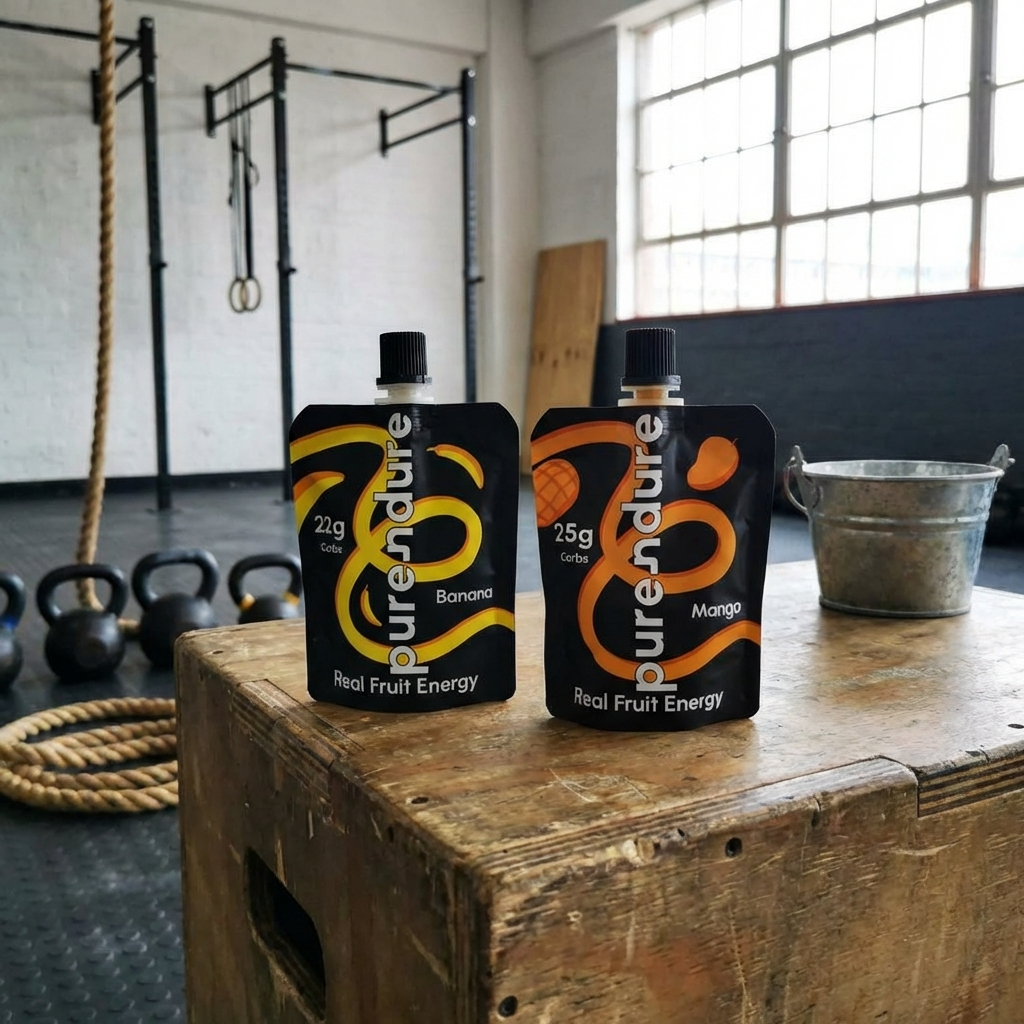 Two Purendure energy pouches on a wooden plyo box in a gym.