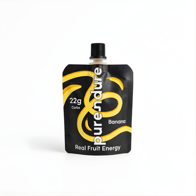 Purendure banana fruit energy pouch on a white background