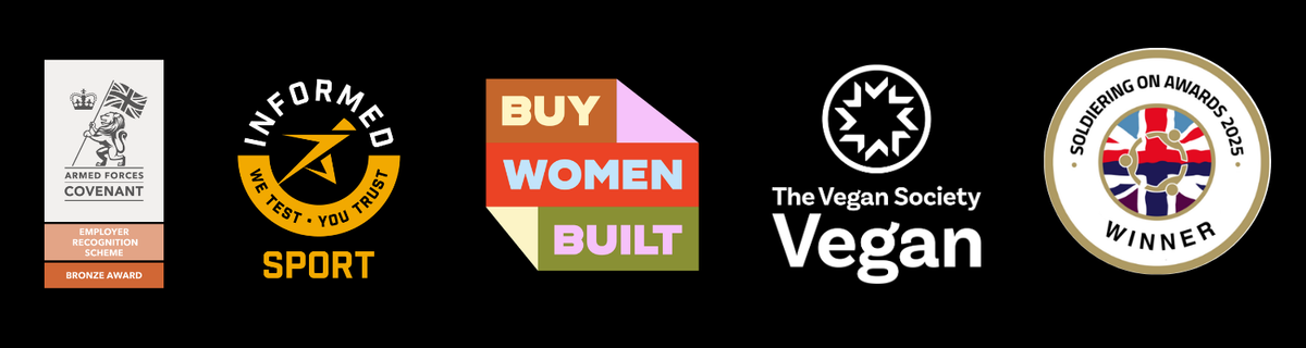 A horizontal row of five award and certification logos on a black background, including The Vegan Society Vegan, Informed Sport, Buy Women Built, Sporting on Award 2023 Winner, and The Covenant Church Reviewer Award.