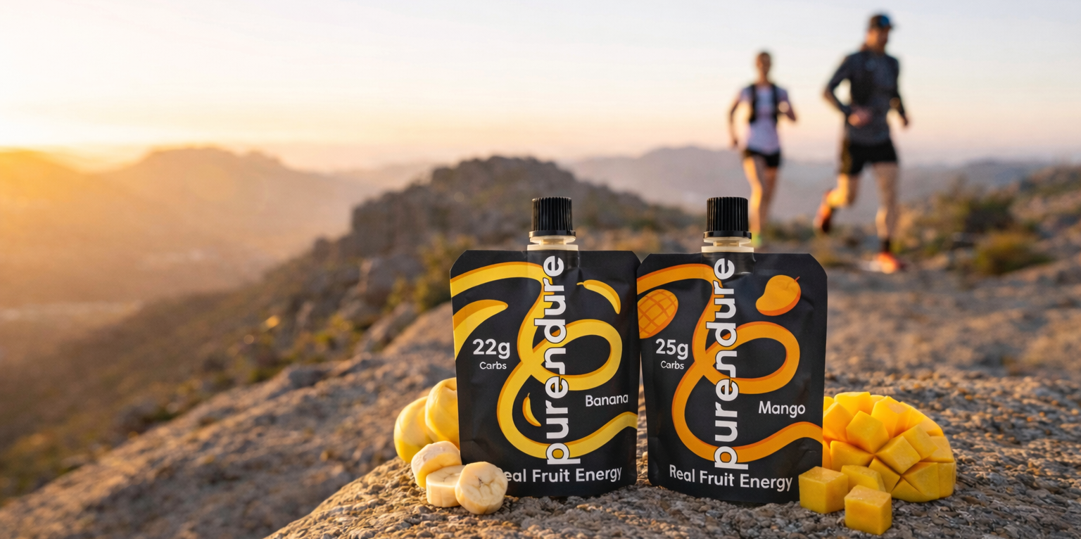 Two pouches of purendure energy on a mountain with people running in the background.